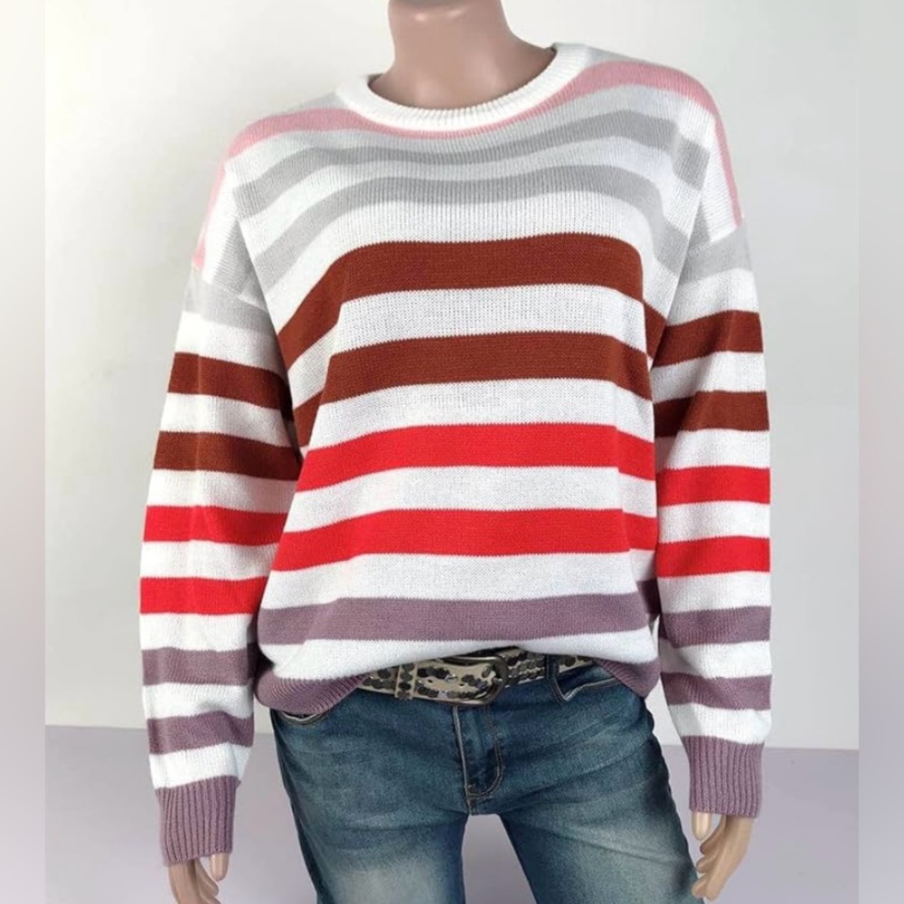 Long Sleeve Casual Loose Knit ColorBlock Crewneck Stripe Jumper Pullover Sweater